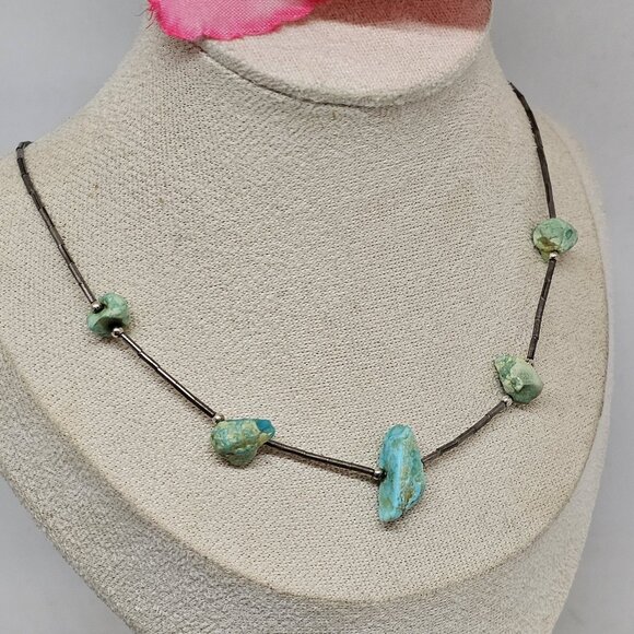 Southwestern Turquoise Nugget Liquid 925 Sterling Silver Necklace Choker 15" - Picture 3 of 11